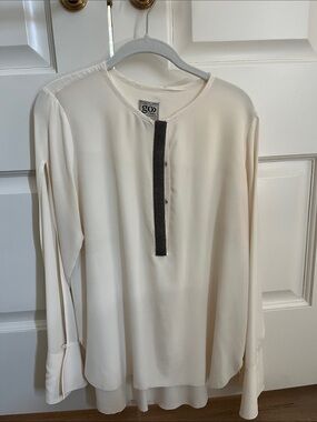 Cream washable silk Long-Sleeve Blouse with Charcoal Sparkle